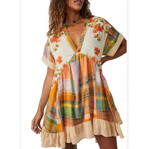 Free People Mixed Print Patchwork Tunic Dress Floral Plaid Boho S V Neck - Picture 1 of 10